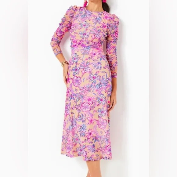 Lilly Pulitzer | Dresses | Lilly Pulitzer Dress L Floral Ruched Pink Purple  Long Sleeve Zip Side Cocktail | Poshmark